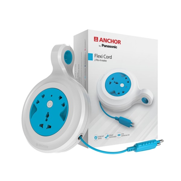 Anchor 6A 2-Pin Flexi Cord Socket with 4 m Cable, Polycarbonate Body, Blue and White