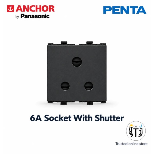 Anchor Penta 6A Socket with Shutter | 3 pin Socket, Black (65203B)