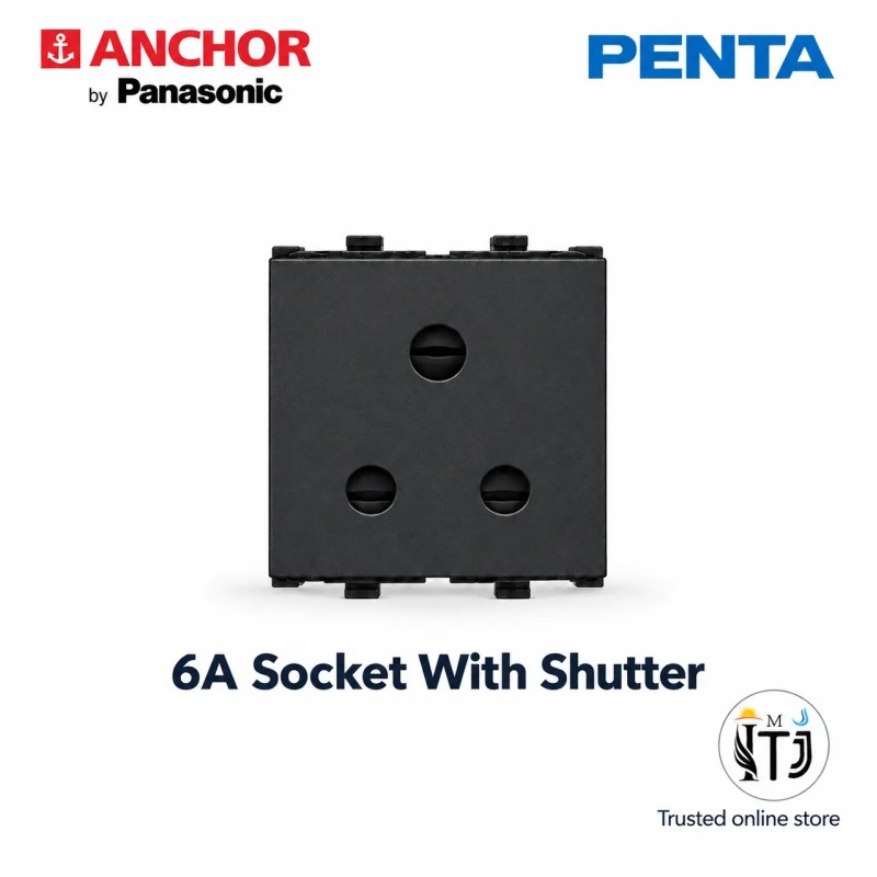 Anchor Penta 6A Socket with Shutter | 3 pin Socket, Black (65203B) Anchor Penta 6A Socket with Shutter | 3 pin Socket, Black (65203B)