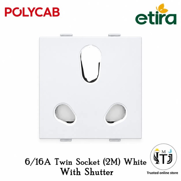 Polycab Etira 6/16A Twin Socket, 3 pin, 2M - White