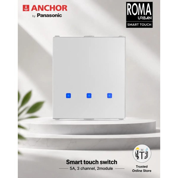 Anchor Roma Urban Smart Touch Switch 5A 3Channel - White, , Fits in Anchor Roma Urban Plates Only, Compatible with Alexa, Google Assistant & Siri